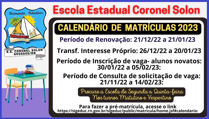 Escola Estadual Coronel Solon divulga calendário de matrículas