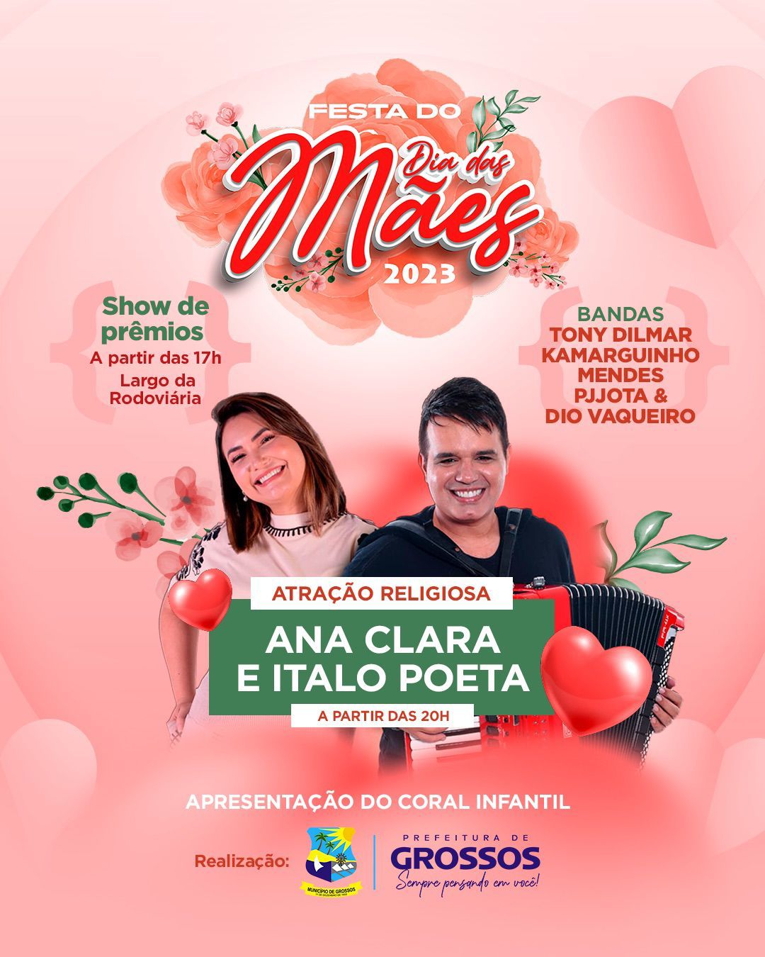 Prefeitura de Grossos divulga Festa das Mães com show religioso de Ana Clara e distribuição de prêmios