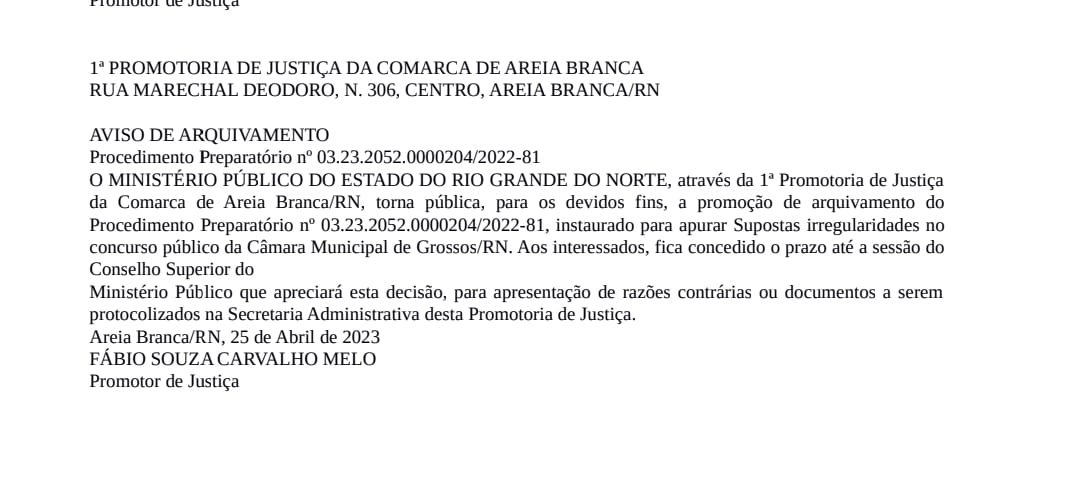 MPRN arquiva investigação de irregularidades no Concurso da Câmara de Grossos